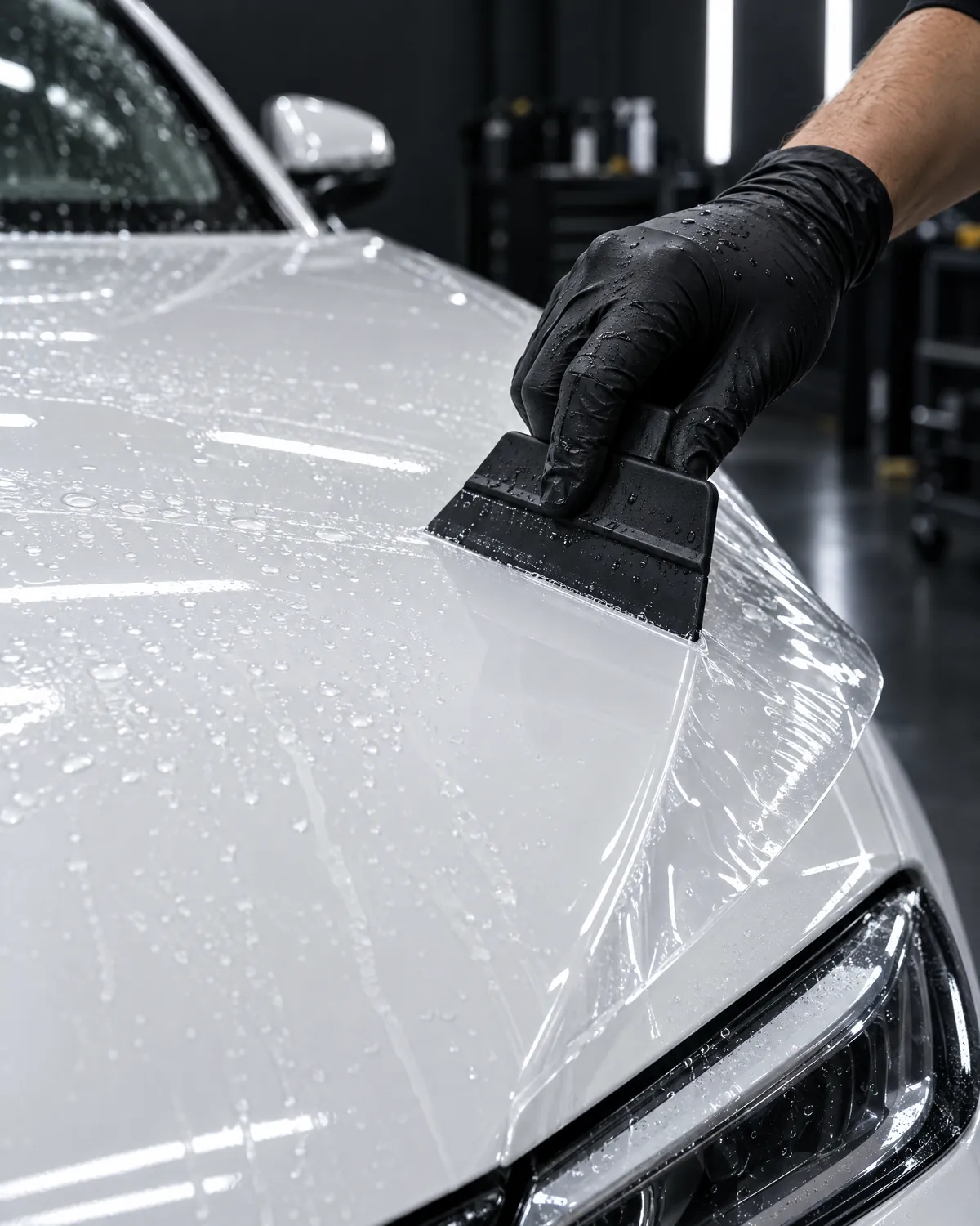 Gloved hand squeegeeing clear paint protection film onto a white bonnet
