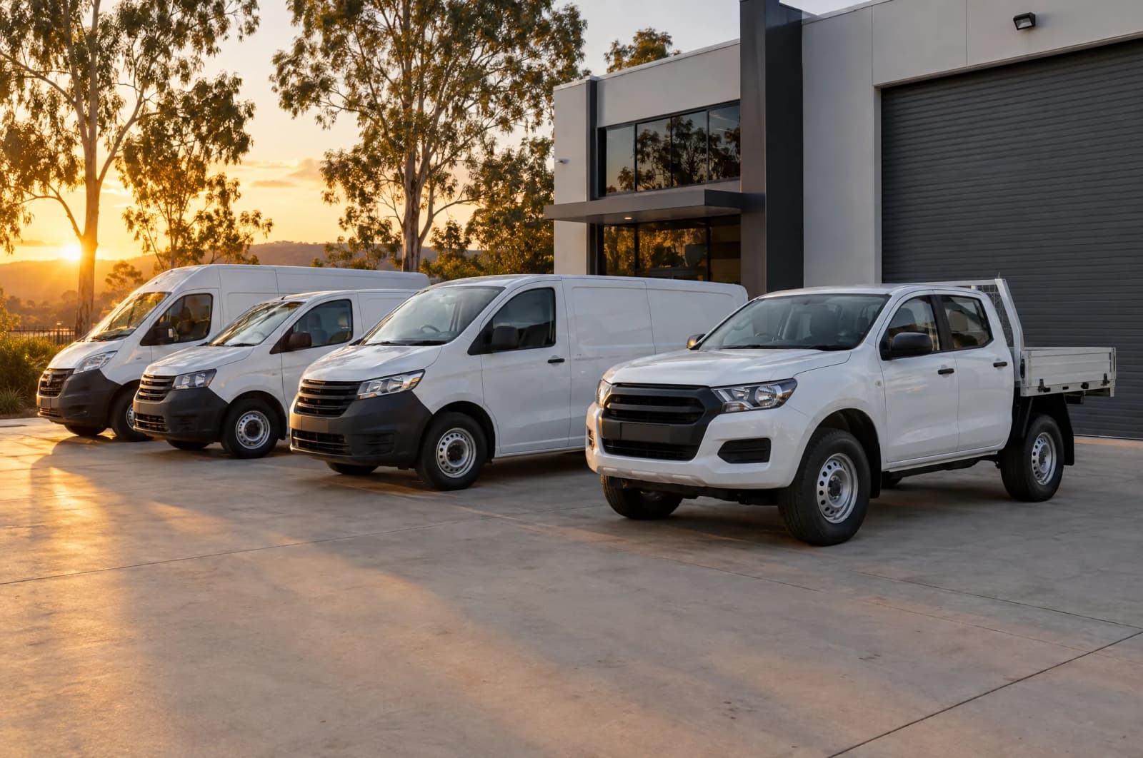 Three white vans and a tray-back ute outside an industrial unit at golden hour