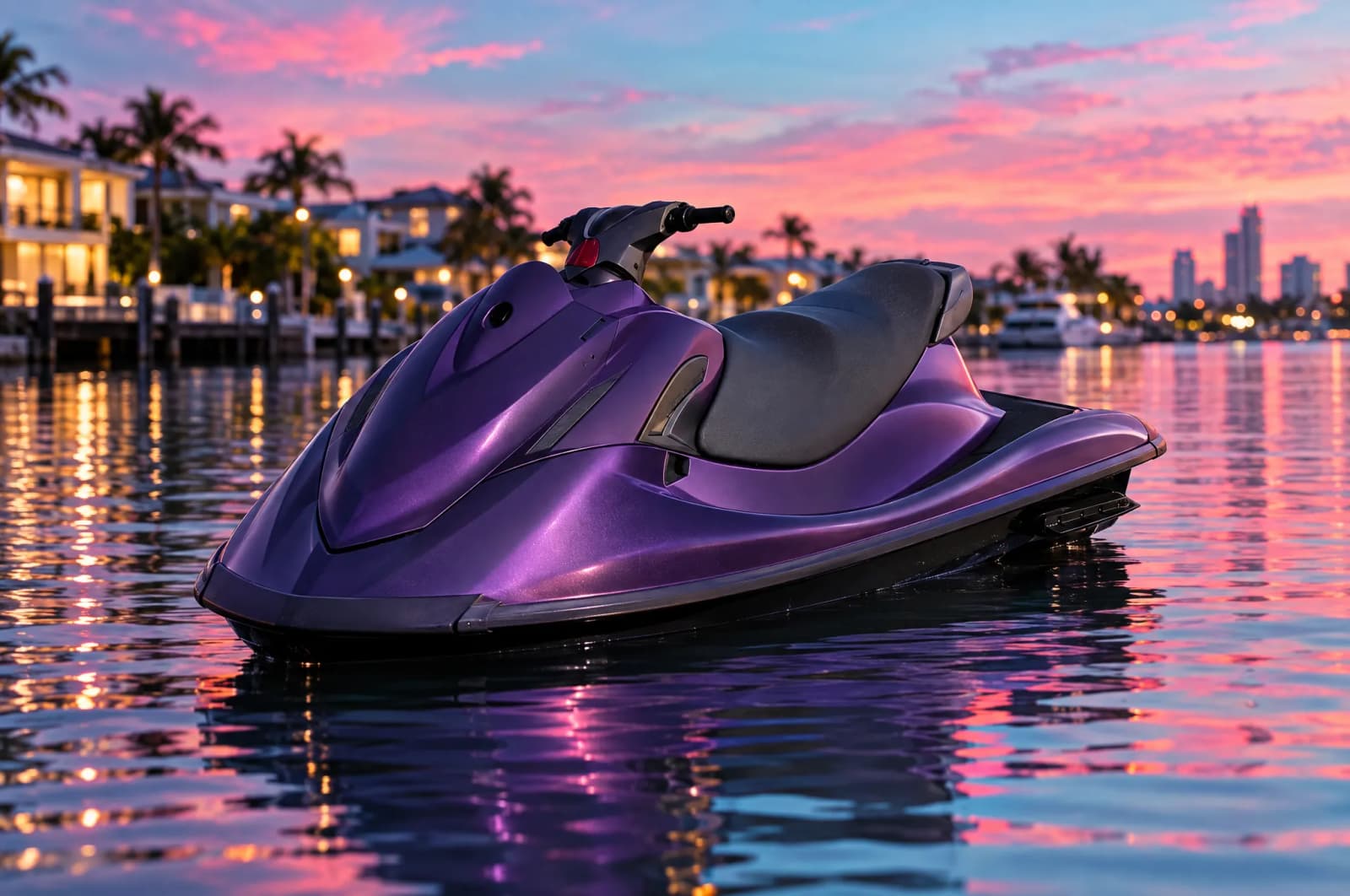 Jet ski in a satin purple wrap on a Gold Coast canal at dusk