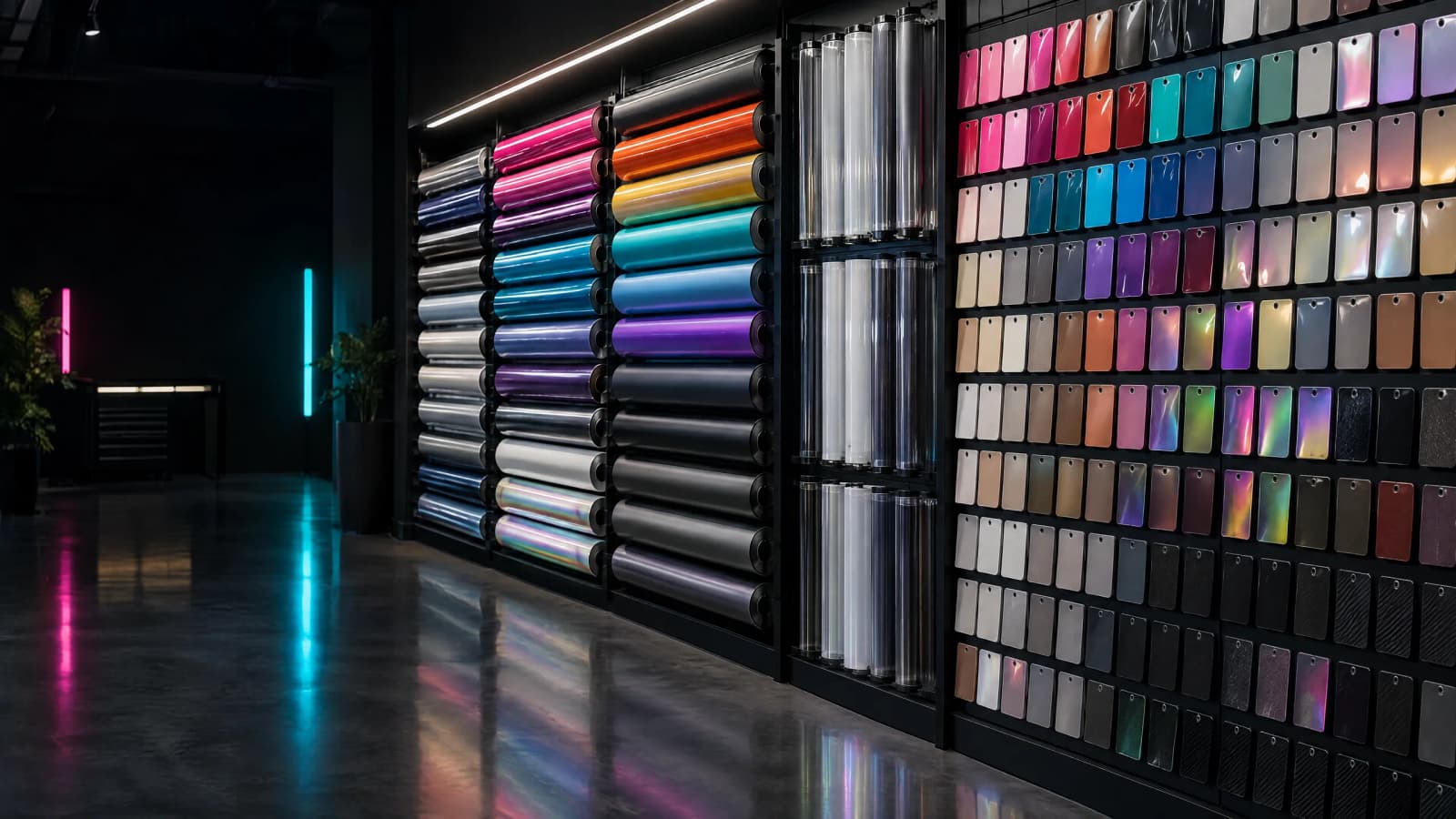 Wall of vinyl wrap rolls and colour swatches in gloss, satin, matte and colour-shift finishes