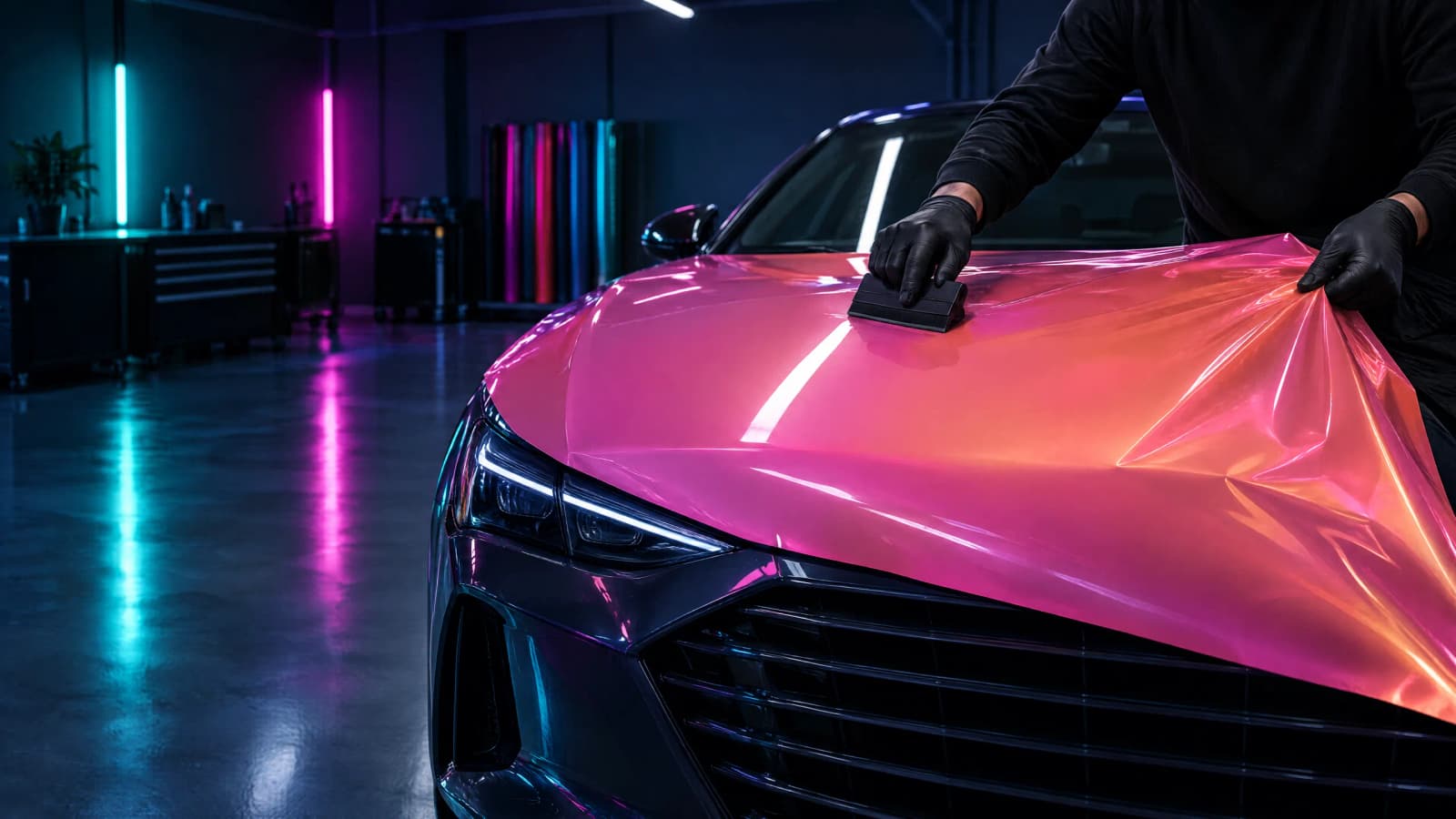 Installer laying pink-to-coral colour-shift film across a bonnet in a neon-lit wrap studio